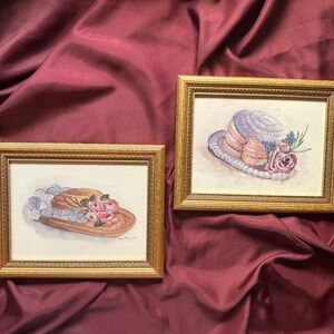Peggy Abrams Set of 2 Hat with Flowers Watercolor Prints Vintage